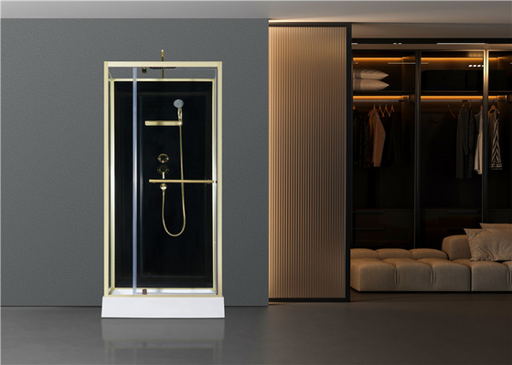 Modne drzwi obrotowe, narożne kabiny prysznicowe, kwadratowa kabina prysznicowa z białą akrylową tacą, złote aluminium