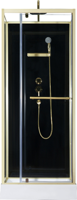 Modne drzwi obrotowe, narożne kabiny prysznicowe, kwadratowa kabina prysznicowa z białą akrylową tacą, złote aluminium